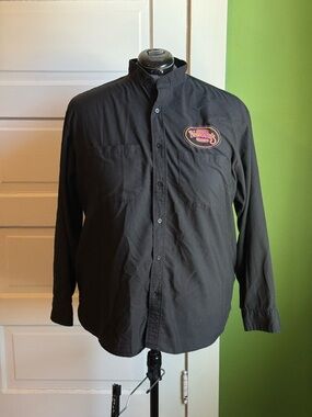 Black Button-Up Shirt with Embroidered Bar Patch